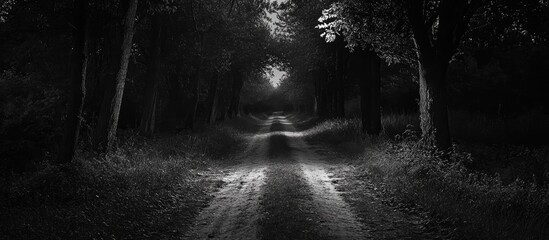 Poster - Mysterious path through dark trees illuminated by soft light in a serene black and white landscape photo