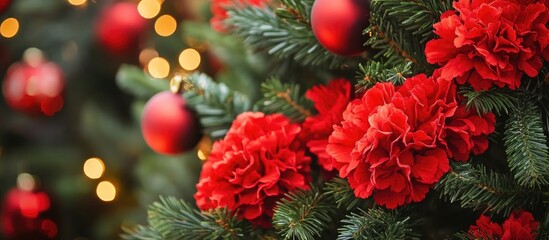 Poster - Red floral decorations and ornaments enhance a festive Christmas tree with warm bokeh lights background creating a cheerful holiday atmosphere