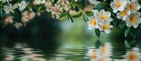 Poster - Serene floral background with water reflections and ample copy space for nature-inspired projects