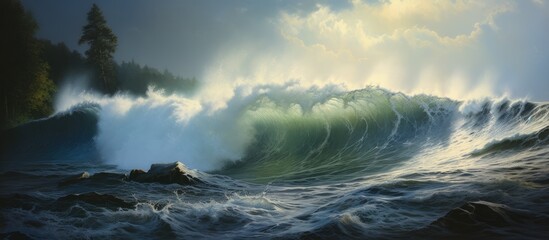 Poster - Dynamic ocean waves crashing onto rocky shore under a dramatic sky with sunlight filtering through clouds and surrounding trees in the background