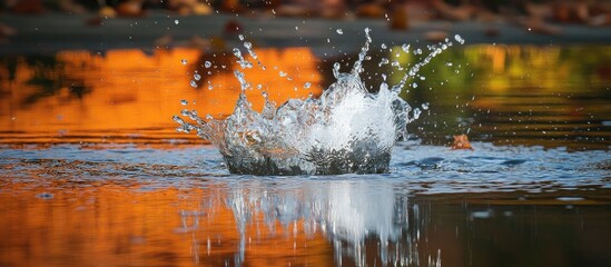 Poster - Water splash creating ripples with colorful reflections in a serene body of water during autumn, evoking tranquility and natural beauty.
