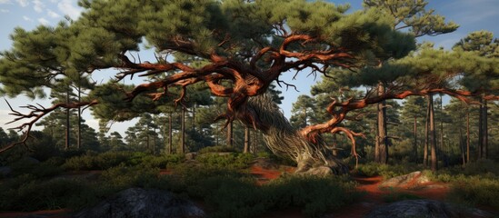 Poster - Majestic pine tree showcasing vibrant foliage in a serene forest landscape under a clear sky