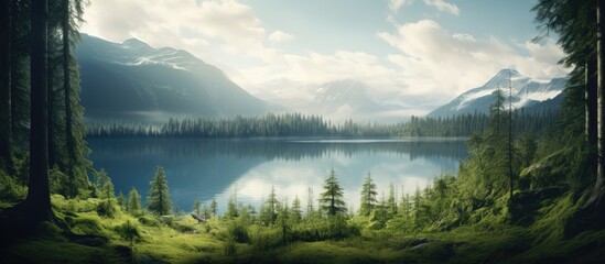 Poster - Tranquil forest landscape with serene lakes, majestic mountains, and lush vegetation under a clear sky and soft sunlight.