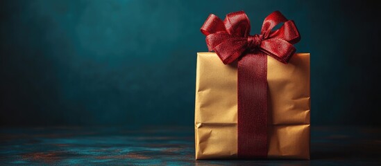 Aufkleber - Red gift wrapped in golden paper with a bow set against a textured backdrop ideal for holiday promotions and creative copy space design.