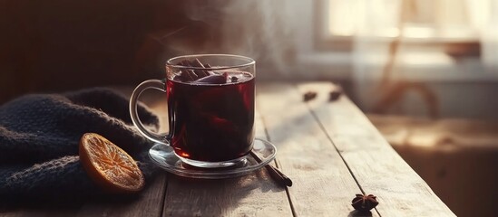 Poster - Mug of steaming mulled wine with spices and orange slice on rustic wooden table in cozy warm atmosphere