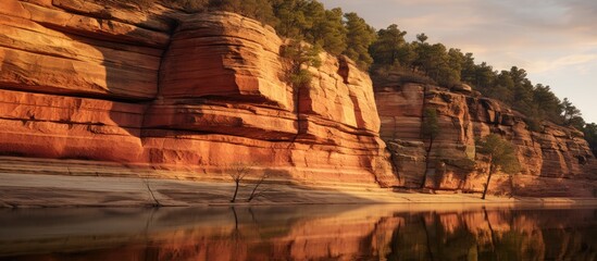 Poster - Evening light reflecting on sandstone cliffs and trees creating a serene landscape by the water's edge.