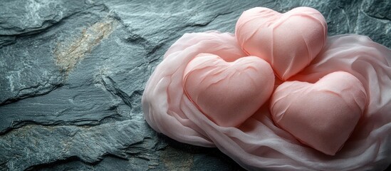 Poster - Romantic flatlay featuring soft pink silk hearts and delicate fabric on a textured grey stone background ideal for love and celebration themes