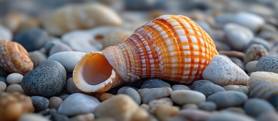 Poster - Seashells scattered across a pebbly beach highlighting natural textures and colors in a serene coastal setting