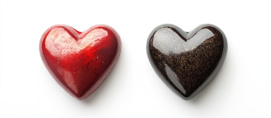 Poster - Two decorative heart-shaped stones in red and black positioned separately on a clean white background symbolizing love and contrast.