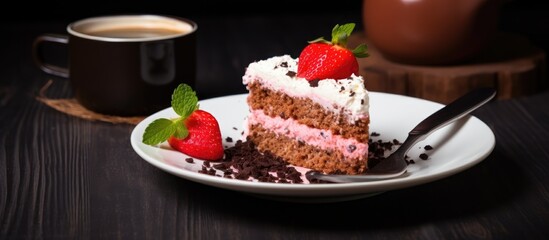 Poster - Homemade strawberry cake slice with souffle cream and chocolate crumbs served on a plate beside coffee cup on a rustic blackboard background