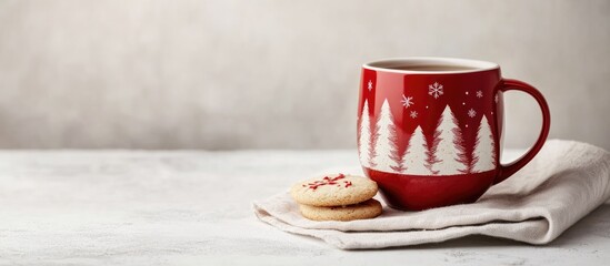 Poster - Red Christmas mug with trees filled with black tea and homemade cookies on a napkin against a light background with ample copy space