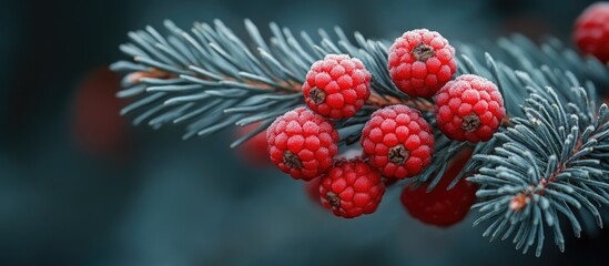 Poster - Pine tree branch adorned with vibrant red berries showcasing nature's seasonal beauty and intricate botanical details