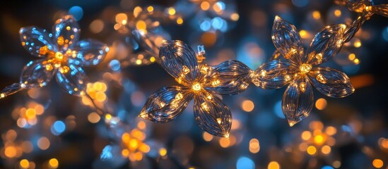 Poster - Elegant close-up of sparkling Christmas lights and decorative garlands creating a festive atmosphere with warm and cool hues.