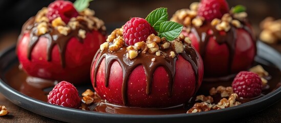 Poster - Red baked apples topped with walnuts and raspberries drizzled with rich chocolate sauce on a dark plate for a gourmet dessert experience