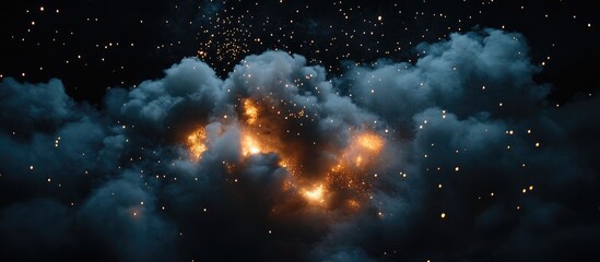 Aufkleber - Vibrant fireworks illuminating the night sky through smoke clouds ideal for holiday celebrations and decorative text space