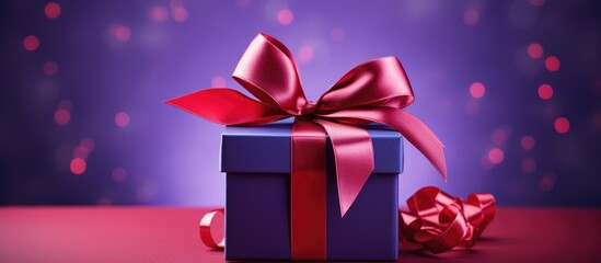 Poster - Elegant purple gift box with red ribbon on blue satin background surrounded by soft bokeh lights creating a festive atmosphere