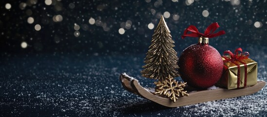 Poster - Festive Christmas decoration featuring red ornament golden gift and small tree on sled with snowflakes against dark blue bokeh background