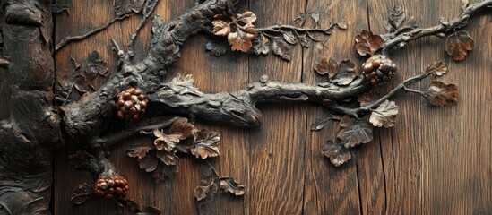 Poster - Ornate tree branch decoration with textured leaves and fruits against a rustic wooden background for interior design inspiration