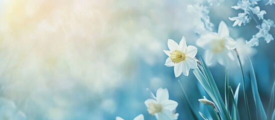 Poster - Ethereal spring backdrop with blooming daffodil flowers soft focus area for text seasonal promotion or greeting cards design