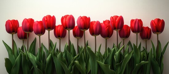 Poster - Vibrant red tulips in two rows with lush green leaves against a clean white background for elegant floral decoration or spring themes