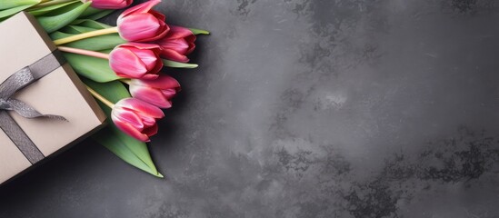 Poster - Elegant greeting card concept with pink tulips and a present on a textured stone surface creating a space for personalized messages.