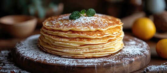 Aufkleber - Delicious stack of homemade Breton pancakes dusted with powdered sugar and garnished with mint on a rustic wooden table