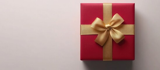 Poster - Elegant red gift box adorned with a luxurious gold ribbon on a clean white background perfect for festive celebrations or special occasions.
