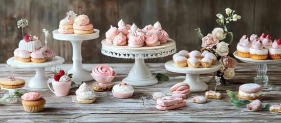Poster - Charming dessert display on rustic wooden table showcasing exquisite cake decorations and an assortment of delightful cookies and pastries.