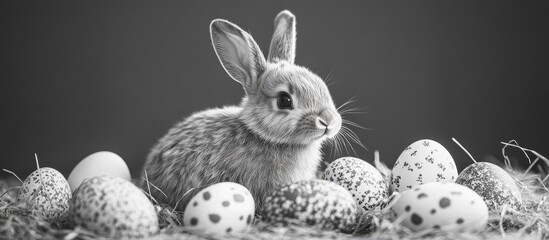 Wall Mural - Monochrome bunny surrounded by decorative Easter eggs in a rustic setting capturing the essence of spring celebrations