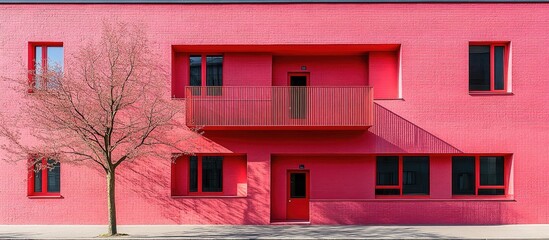 Poster - Modern architecture featuring vibrant pink brick facade with minimalist design and geometric elements in urban setting.