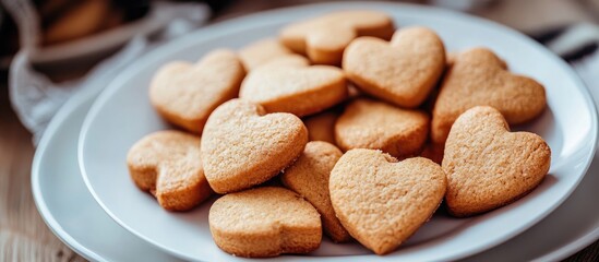 Aufkleber - Heart shaped cookies displayed on a white plate perfect for Valentine's Day or special occasions with a soft focus background.