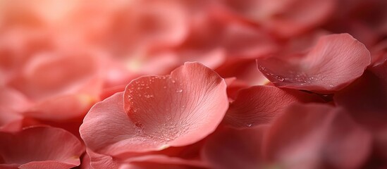 Poster - Close-up of delicate pink rose petals with soft lighting and subtle droplets, creating a romantic and serene floral background.