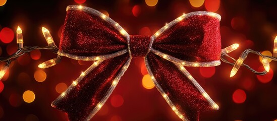Poster - Festive red bow embellished with glowing lights set against a bokeh background for holiday celebrations and decorations