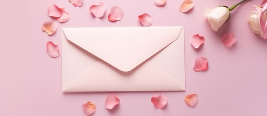 Poster - Romantic flat lay of a pink envelope surrounded by rose petals on a pastel background for love and relationship concepts
