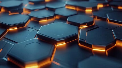 Poster - Glowing Orange Lines on a Dark Blue Hexagon Pattern