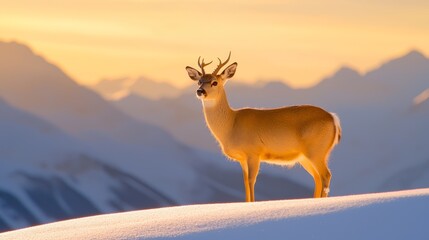 Poster -  a white-tailed deer standing atop a snow-covered mountain at sunset, with the majestic mountains in the background and the sky illuminated in a beautiful array of o