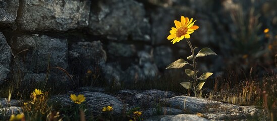 Poster - Lonely yellow flower against a rustic rock wall showcasing nature's resilience and beauty in a serene outdoor setting.