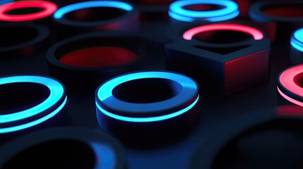 Poster - Abstract Composition with Glowing Rings and a Cube