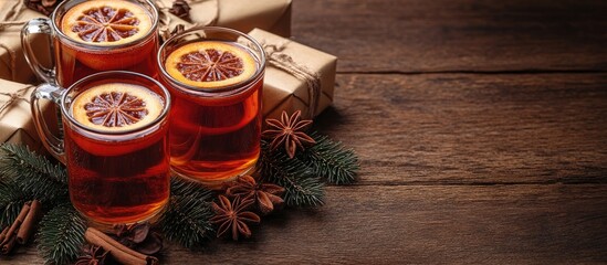 Aufkleber - Warm spiced tea with cinnamon and anise on rustic wood table decorated with holiday gifts and greenery festive winter atmosphere
