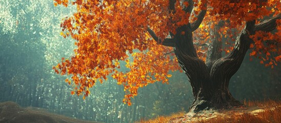 Poster - majestic maple tree with vibrant autumn foliage in serene forest setting bathed in soft light