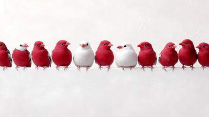 Poster -  a row of red and white birds sitting on top of a white wall The birds are arranged in a line, with the red birds on the left and the white ones on the right The b