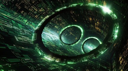 Poster - Futuristic Green Glowing Ring Structure in a Digital Space