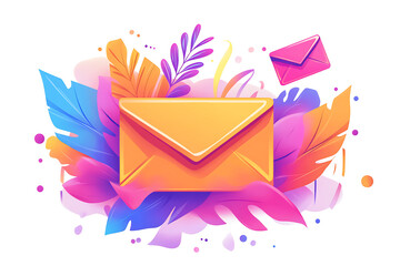 Poster - Colorful illustration of envelopes surrounded by vibrant leaves, symbolizing communication.