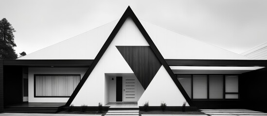 Poster - Modern black and white architectural design showcasing geometric shapes and sharp angles in a striking exterior facade.