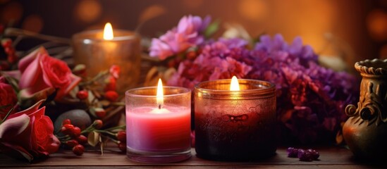 Poster - Elegant candles and floral decorations on a rustic wooden table with a warm glowing background creating a serene ambiance