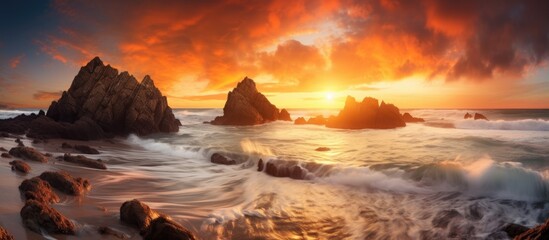 Poster - Vibrant sunrise lighting up dramatic ocean waves and rocky shoreline creating a breathtaking coastal landscape scene