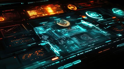 Poster - Futuristic Interface with Glowing Blue and Orange Displays