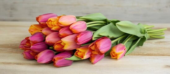 Poster - Bouquet of vibrant tulips arranged on a light wooden surface showcasing rich colors and delicate petals in a close-up view