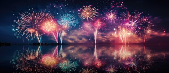 Poster - Vibrant holiday fireworks display reflected in calm waters with a dark night sky, captured in stunning long exposure detail.