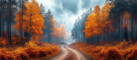 Poster - Autumn forest landscape with a winding dirt road amidst vibrant orange and yellow foliage under a dramatic cloudy sky